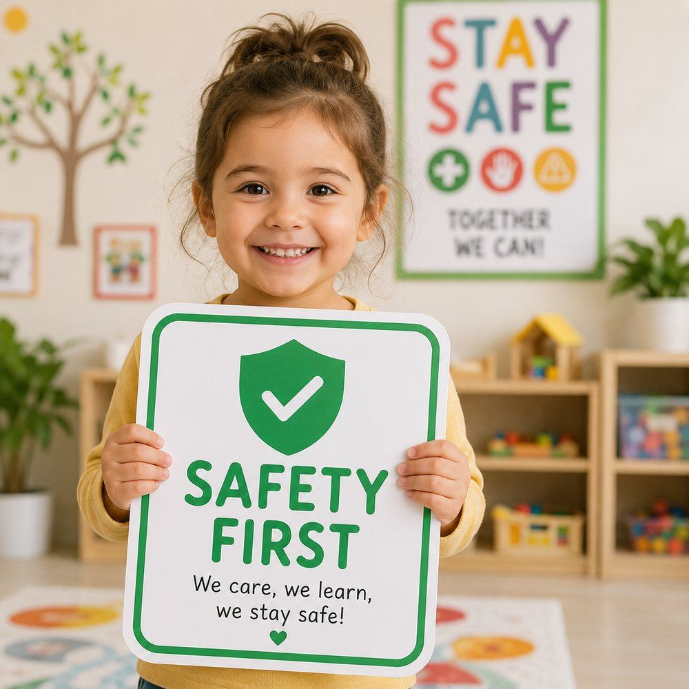 A happy child at Tiny Steps Nursery holding a Safety First sign — we care, we learn, we stay safe