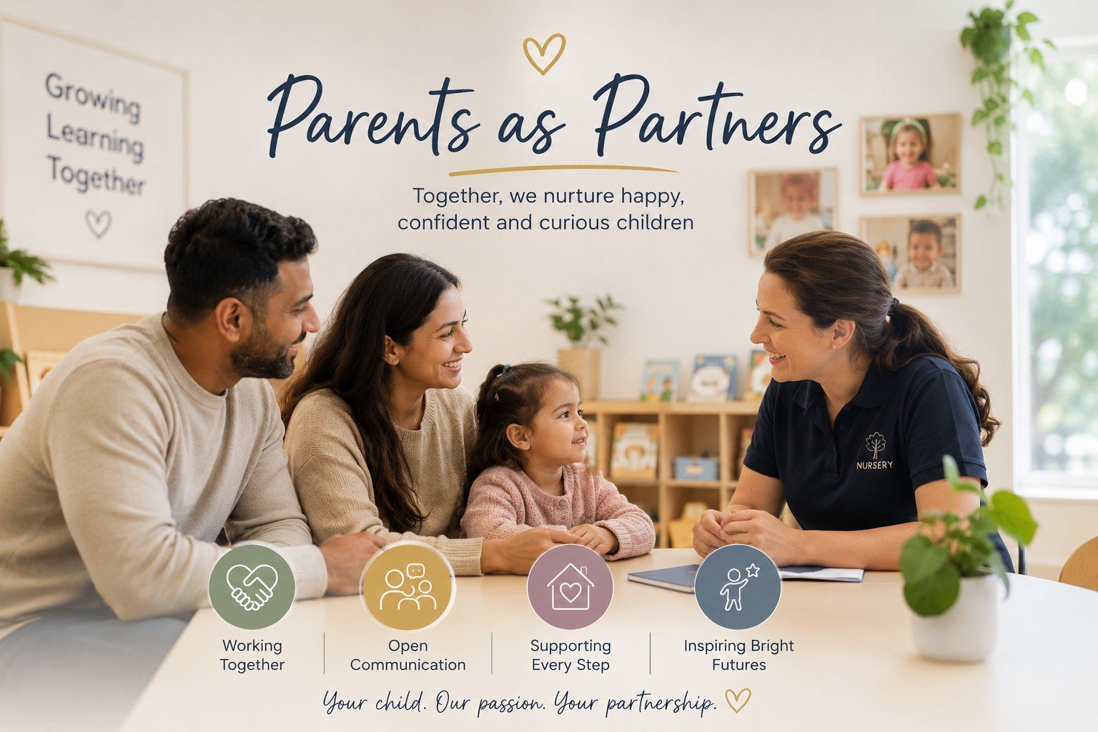 Parents as partners at Tiny Steps Nursery — working together, open communication, supporting every step and inspiring bright futures